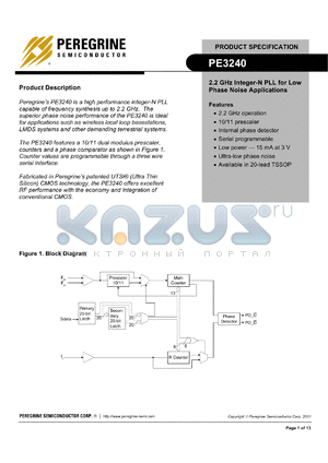 PE3240-11 datasheet - 2.2 GHz integer-N PLL for low phase noise applications