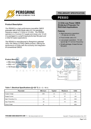 PE9303-01 datasheet - 3.5 GHz low power CMOS divide-by-8 prescaler for RAD-hard applications