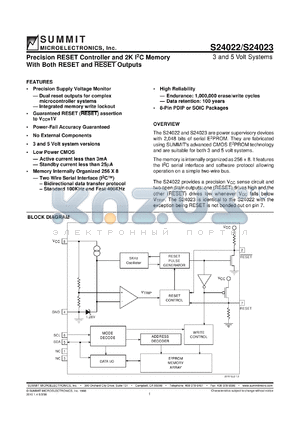 S24022PI-BT datasheet - Precision RESET controller and 2K I2C memory with both RESET and non-RESET outputs