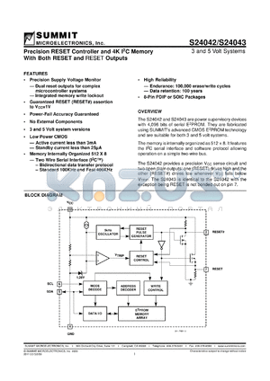 S24022PAT datasheet - Precision RESET controller and 2K I2C memory with both RESET and non-RESET outputs