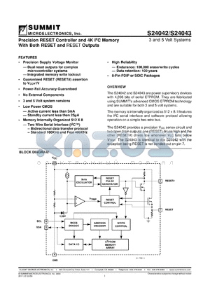 S24022PBT datasheet - Precision RESET controller and 2K I2C memory with both RESET and non-RESET outputs
