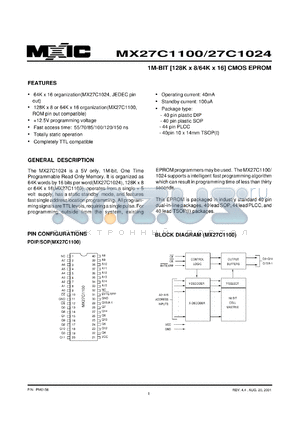 MX27C1100PC-55 datasheet - Access time: 55; 1-Mbit (128K x 8/64K x 16) CMOS EPROM