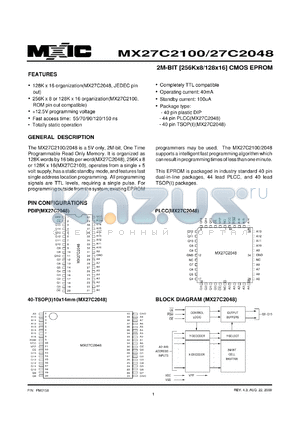MX27C2048PC-10 datasheet - Access time: 100; 2M-bit (256K x 8/128 x 16) CMOS EPROM
