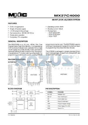 MX27C4000PI-15 datasheet - Access time: 150ns; 4M-bit (512K x 8) CMOS EPROM