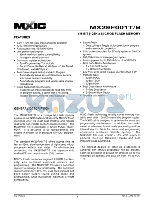 MX29F001TQC-70 datasheet - Access time: 70ns; 1M-bit (128K x 8) CMOS flash memory