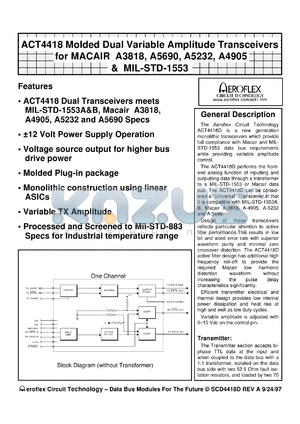 ARX4418D datasheet - Molded dual variable amplitude transceiver for macair A3818, A5690, A5232, A4905 and MIL-STD-1553. Normally low.