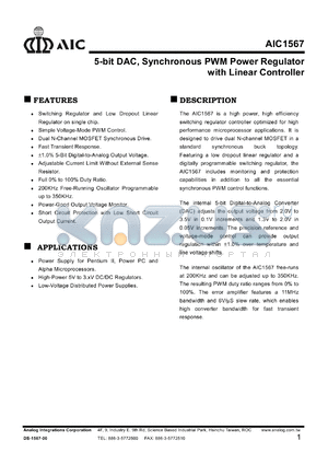 AIC1567CN datasheet - 5-bit DAC, synchronous PWM power regulator with linear controller