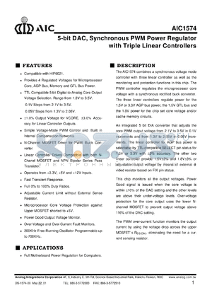 AIC1574-CS datasheet - 5-bit DAC, synchronous PWM power regulator with tripple linear controllers