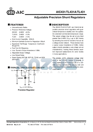 TL431CU datasheet - Cathode voltage: 30V; adjustable precision shunt regulator