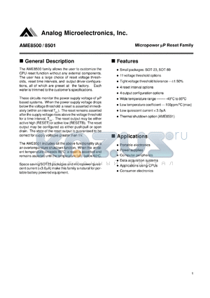 AME8501BEETBA45 datasheet - Reset time: 1.5mS; micropower uP reset device