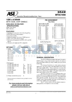 MT5C1008CW-15L/883C datasheet - 128K x 8 SRAM with dual chip enable