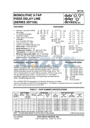 3D7105H-0.75 datasheet - Delay 0.75 +/-0.4 ns, monolithic 5-TAP  fixed delay line