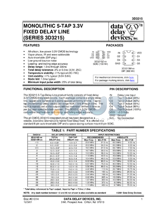 3D3215Z-50 datasheet - Delay 50 +/-5 ns, monolithic 5-TAP 3.3 V fixed delay line