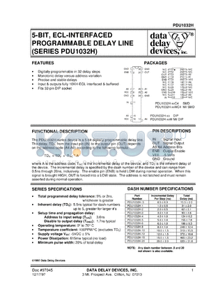 PDU1032H-20MC4 datasheet - Delay 20 +/-2 ns, 5-BIT, ECL-interfaced programmable delay line