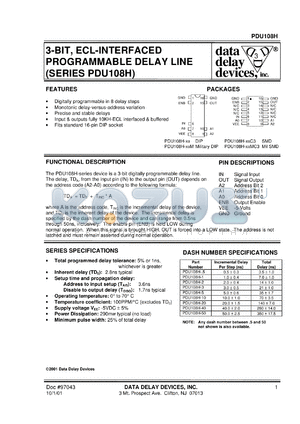 PDU108H-0.5M datasheet - Delay 0.5 +/-0.3 ns, 3-BIT, ECL-interfaced programmable delay line