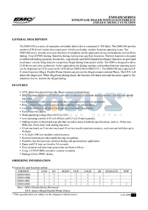 EM91450CP datasheet - Tone/pulse switchable dialer with LCD interface and IPP detect function