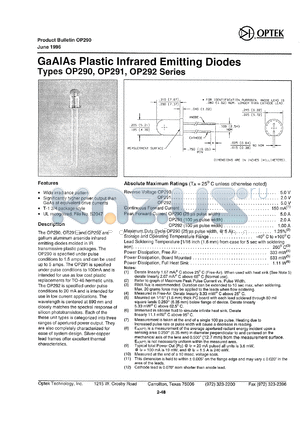 OP291A datasheet - GaAs plastic infrared emitting diode