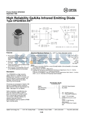 OP224ESA-C3 datasheet - High reliability GaAlAs infrared emitting diode