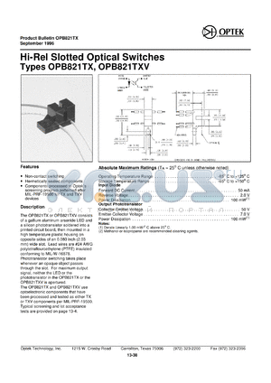 OPB821TXV datasheet - Hi-rel slotted optical switch