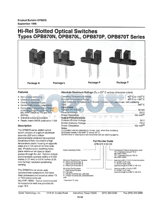 OPB870P51TV datasheet - Hi-rel slotted optical switch