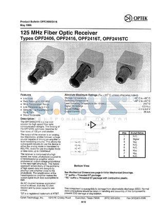 OPF2406 datasheet - 125MHz fiber optic receiver