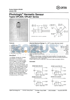 OPL820-OC datasheet - Photologic hermetic sensor