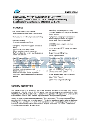 EN29LV800JT-90TI datasheet - 8 Megabit (1024K x 8-bit/512K x 16-bit) flach memory. Boot sector flash memory, CMOS 3.0 volt only. Speed 90ns. Top sector.