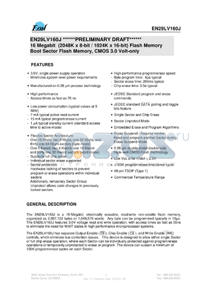 EN29LV160JT-90TI datasheet - 16 Megabit (2048K x 8-bit/1024K x 16-bit) flach memory. Boot sector flash memory, CMOS 3.0 volt only. Speed 90ns. Top sector.