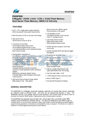 EN29F800B-55TI datasheet - 8 Megabit (1024K x 8-bit/512K x 16-bit) flach memory. Boot sector flash memory, CMOS 5.0 volt only. Speed 55ns. Bottom sector.