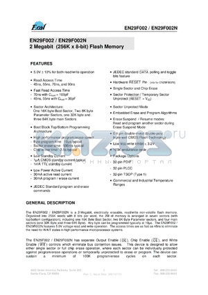 EN29F002NB-70TI datasheet - 2 Megabit (256K x 8-bit) flach memory. Speed 70ns. 5.0V +-10% for both read/write operation. Without RESET function.