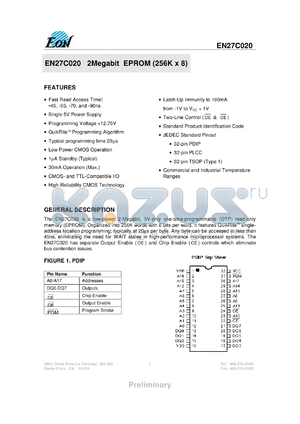 EN27C02070JI datasheet - 2Megabit EPROM (256K x 8). Speed 70ns. Single 5V power supply.
