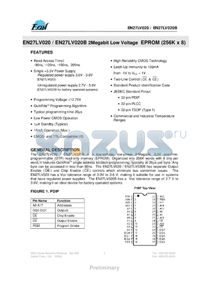 EN27LV020B90JI datasheet - 2Megabit low voltage EPROM (256K x 8). Speed 90ns. Single +3.3V power supply - unreregulated power supply 2.7V - 3.6V