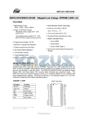 EN27LV010B120PI datasheet - 1Megabit low voltage EPROM (128K x 8). Speed 120ns. 2.7V to 3.6V Vcc tolerance.