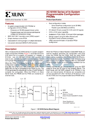 XC18V01PC20I datasheet - In-system programmable configuration PROM.