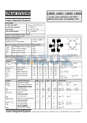 LS832 datasheet - Ultra low leakage low drift monolithic dual N-channel JFET