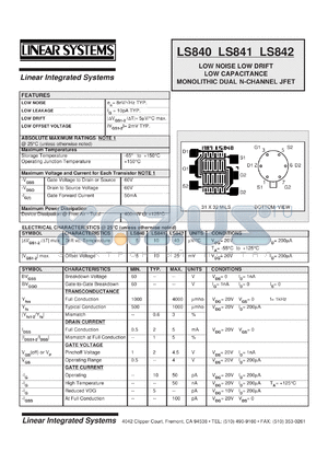 LS840 datasheet - Low noise low drift low capacitance monolithic dual N-channel JFET