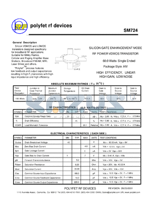 SM724 datasheet - 60 Watt, silicon gate enhancement mode RF power VDMOS transistor