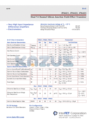 IFN421 datasheet - Dual N-Channel silicon junction field-effect transistor