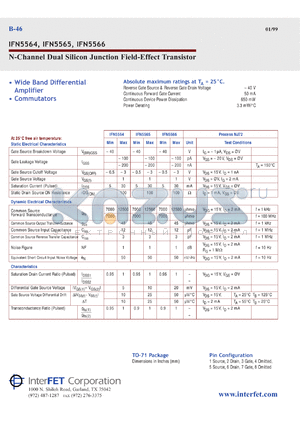 IFN5564 datasheet - N-Channel dual silicon junction field-effect transistor