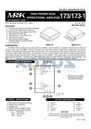 MSK173 datasheet - High power dual operational amplifier