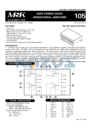 MSK105 datasheet - High power quad operational amplifier
