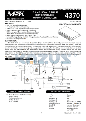 MSK4370U datasheet - 500 V, 10A, 3-phase IGBT brushless motor controller