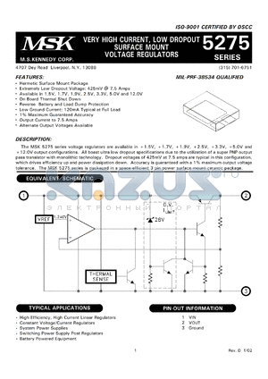 MSK5275-5 datasheet - 5V, Very high current, low dropout surface mount voltage regulator