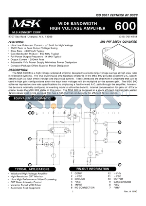 MSK600B datasheet - Wide bandwidth high voltage amplifier