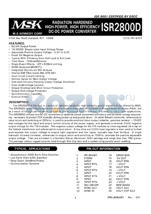 ISR2800DKSRH datasheet - Adj, Radiation hardened high-power, high efficiency DC-DC power converter