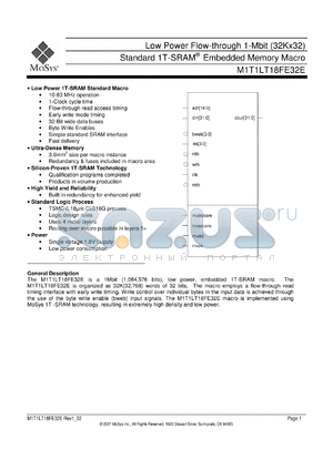 M1T1LT18FE32E datasheet - High speed flow-through 1-Mbit (32Kx32) standard 1T-SRAM memory macro