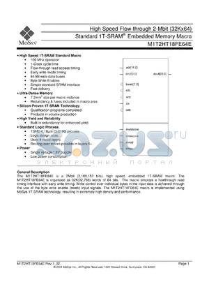 M1T2HT18FE64E datasheet - High speed flow-through 2-Mbit (32Kx64) standard 1T-SRAM memory macro