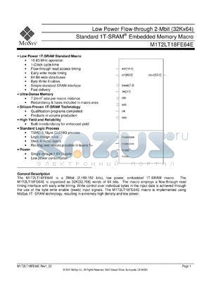 M1T2LT18FE64E datasheet - High speed flow-through 2-Mbit (32Kx64) standard 1T-SRAM memory macro