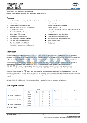 NT128S64VH4A0GM0-8B datasheet - 128Mb: 16Mx64 SDRAM SODIMM based 16Mx16, 4bands, 8K refresh, 3.3V synchronous DRAMs with SPD