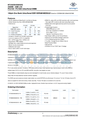 NT256D64S88A0G-75K datasheet - 256Mb: 32Mx64 unbuffered DDR SDRAM module based 32x8 SDRAM